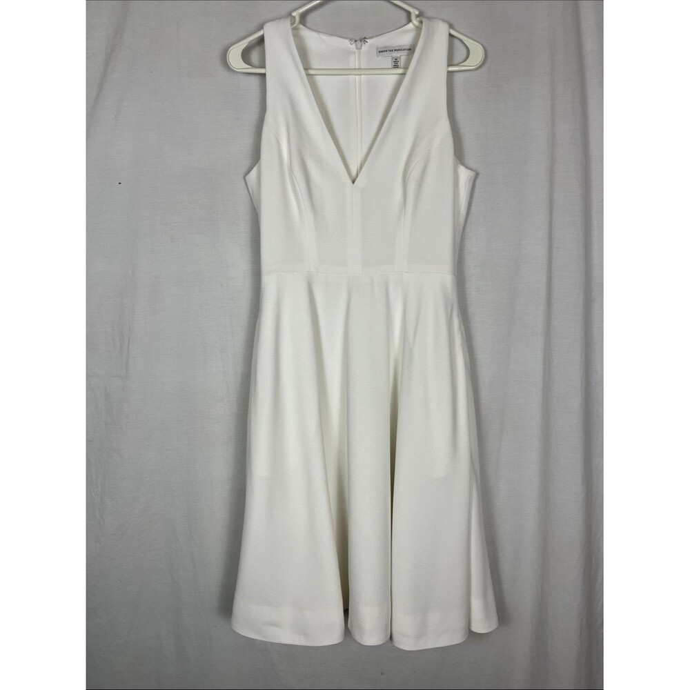 Dress the Population Catalina Fit and Flare White V Neck Midi A Line Dress